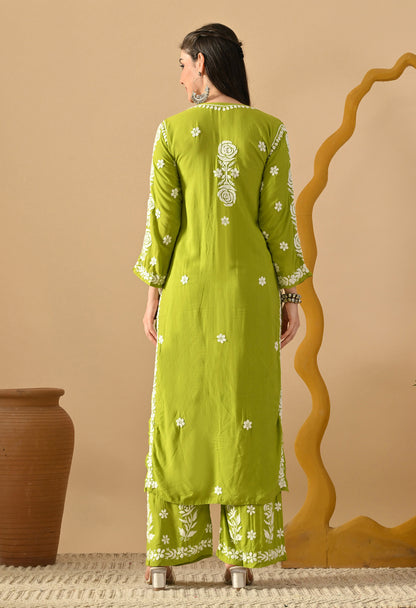 Hand Embroidered Chikankari Slub Rayon Plazo Set 3d Work-Sea Green