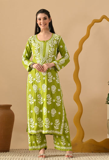 Hand Embroidered Chikankari Slub Rayon Plazo Set 3d Work-Sea Green