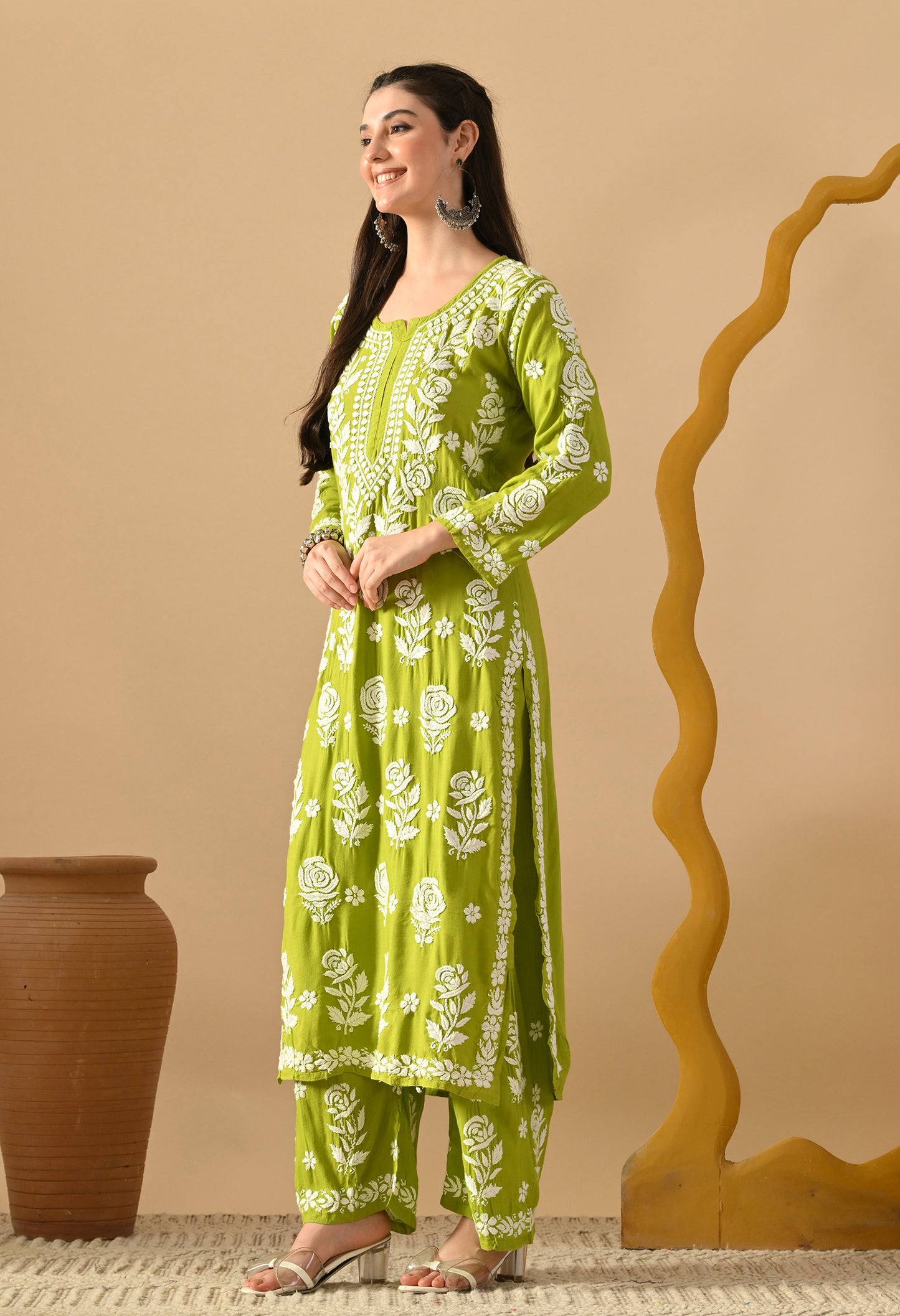 Hand Embroidered Chikankari Slub Rayon Plazo Set 3d Work-Sea Green