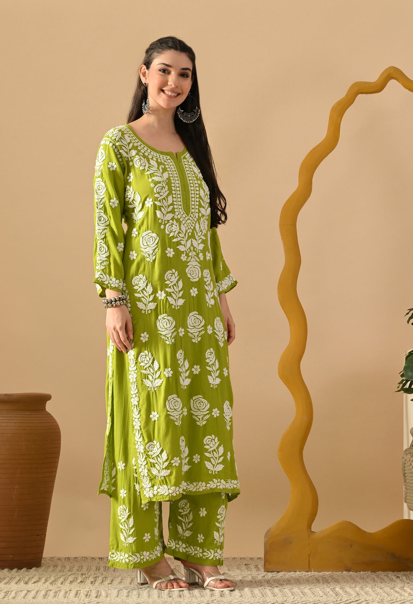 Hand Embroidered Chikankari Slub Rayon Plazo Set 3d Work-Sea Green
