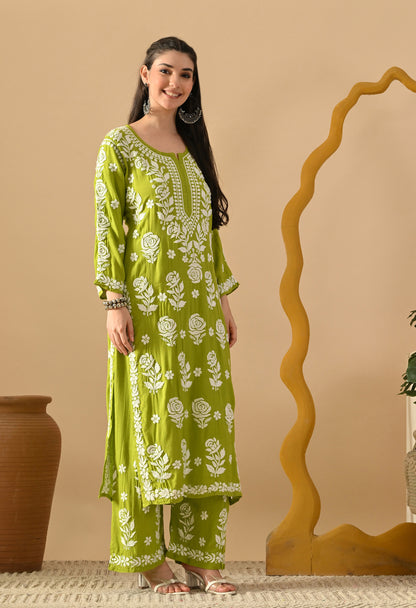 Hand Embroidered Chikankari Slub Rayon Plazo Set 3d Work-Sea Green