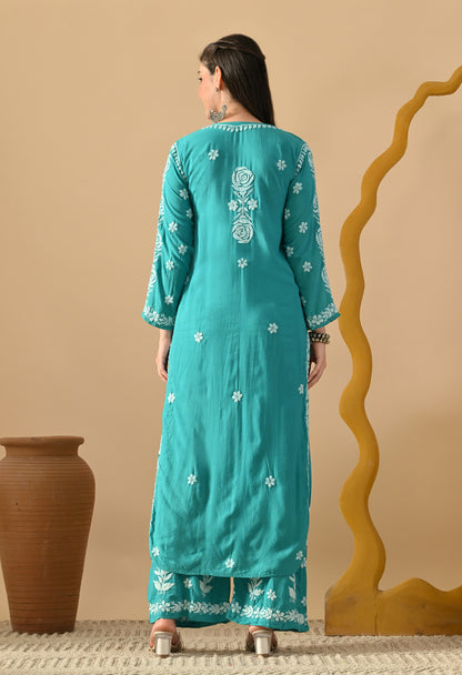 Hand Embroidered Chikankari Slub Rayon Plazo Set 3d Work-Firozi