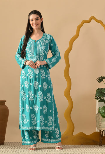 Hand Embroidered Chikankari Slub Rayon Plazo Set 3d Work-Firozi