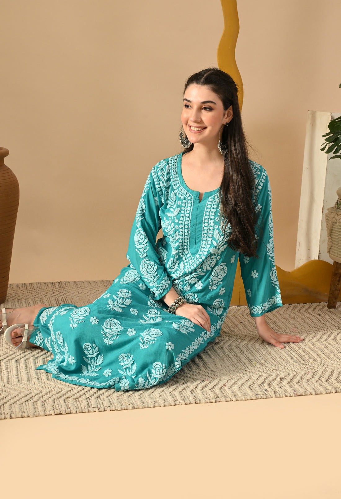 Hand Embroidered Chikankari Slub Rayon Plazo Set 3d Work-Firozi