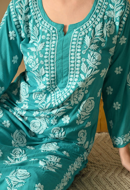 Hand Embroidered Chikankari Slub Rayon Plazo Set 3d Work-Firozi