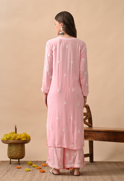 Blush Pink Hand-Embroidered Chikankari Modal Kurta with Plazo Set