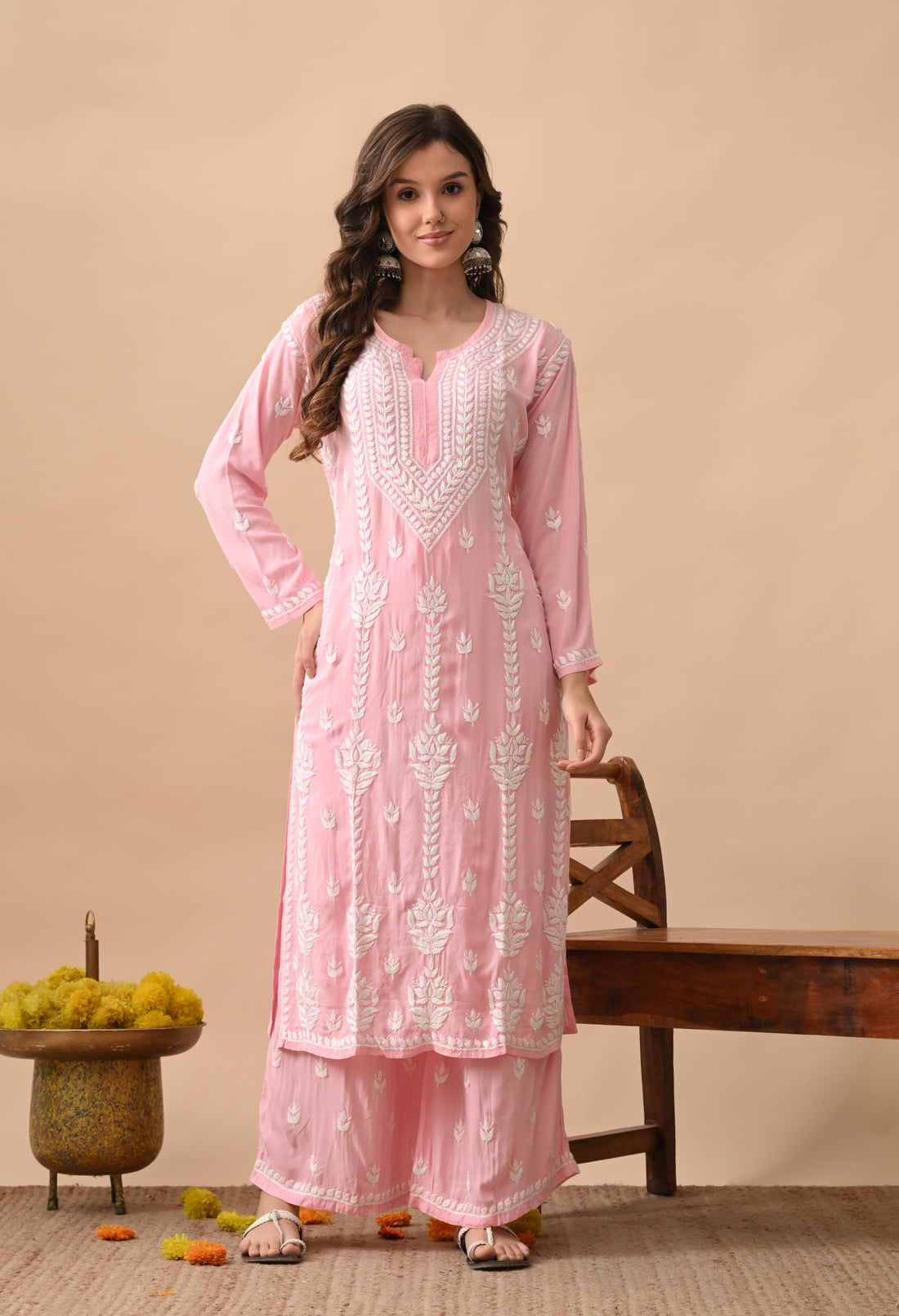 Blush Pink Hand-Embroidered Chikankari Modal Kurta with Plazo Set