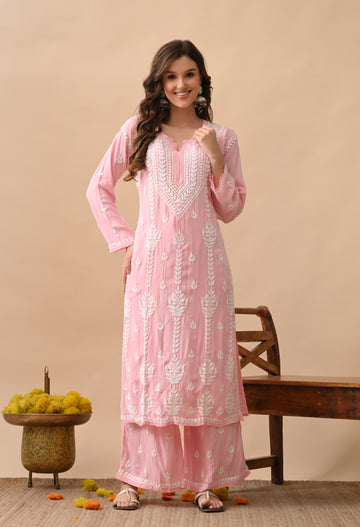 Blush Pink Hand-Embroidered Chikankari Modal Kurta with Plazo Set