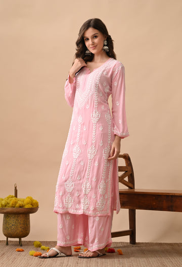 Hand Embroidered Modal Chikankari Kurta Palazzo Set – Pink