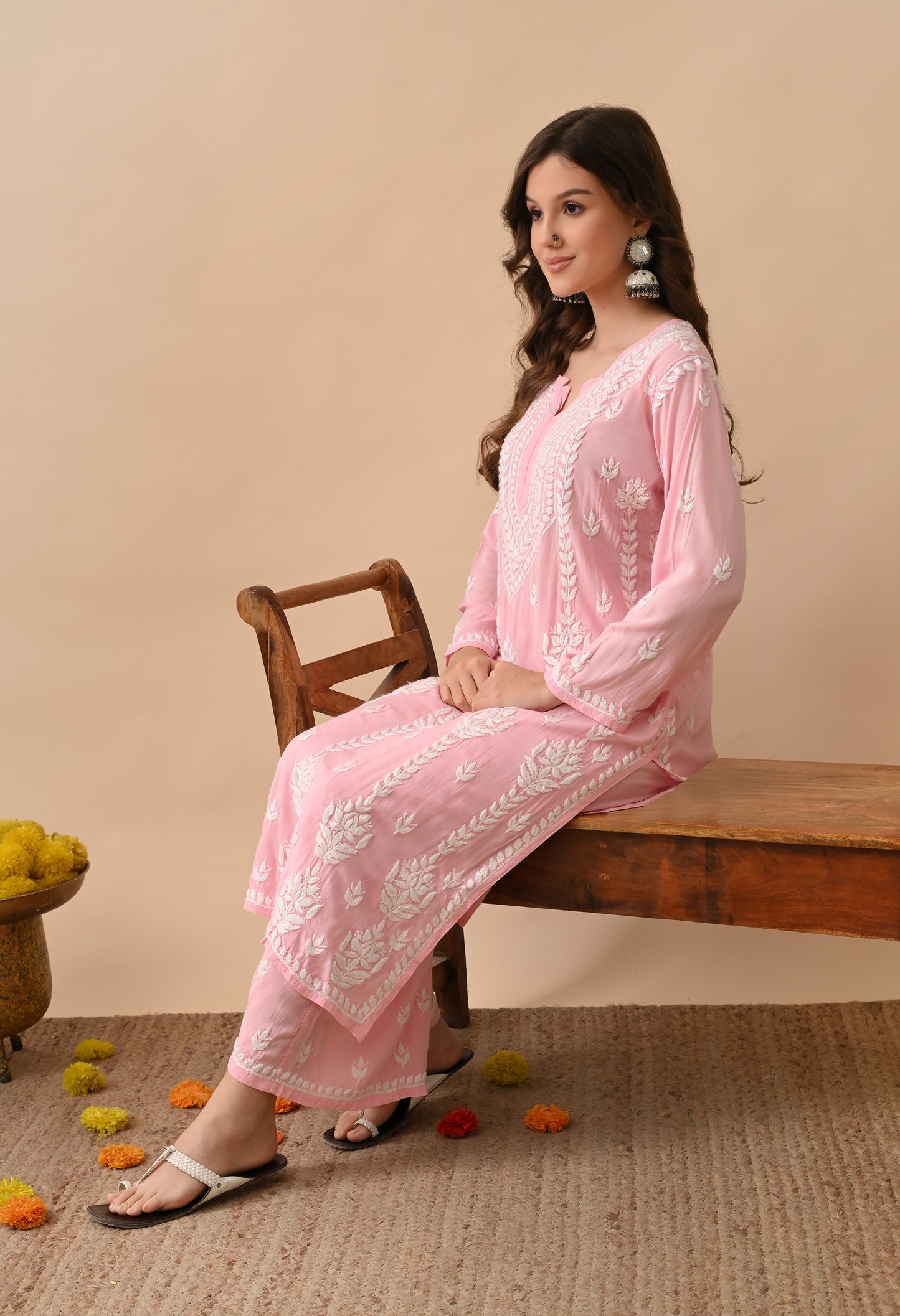 Blush Pink Hand-Embroidered Chikankari Modal Kurta with Plazo Set