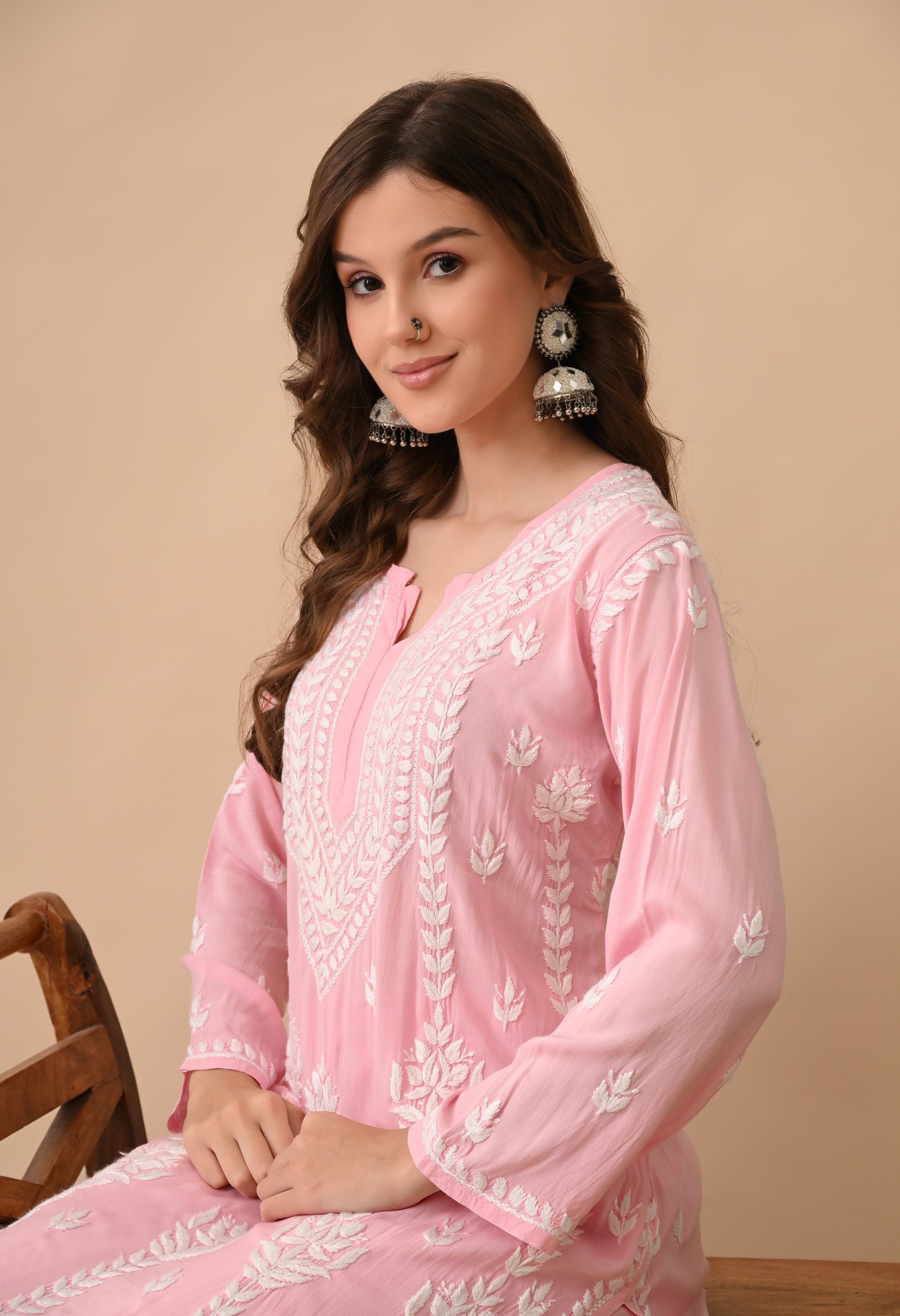 Blush Pink Hand-Embroidered Chikankari Modal Kurta with Plazo Set