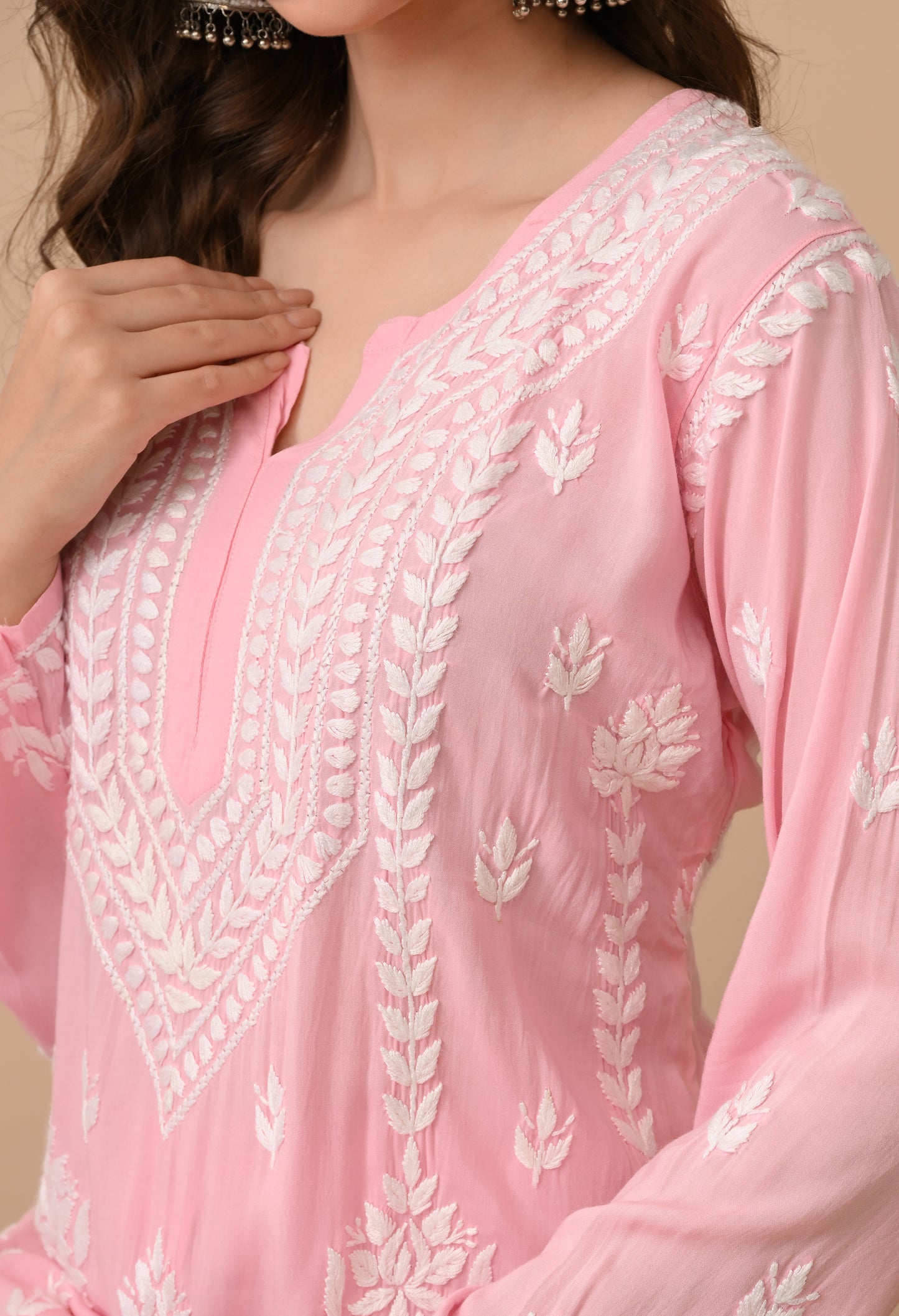 Blush Pink Hand-Embroidered Chikankari Modal Kurta with Plazo Set