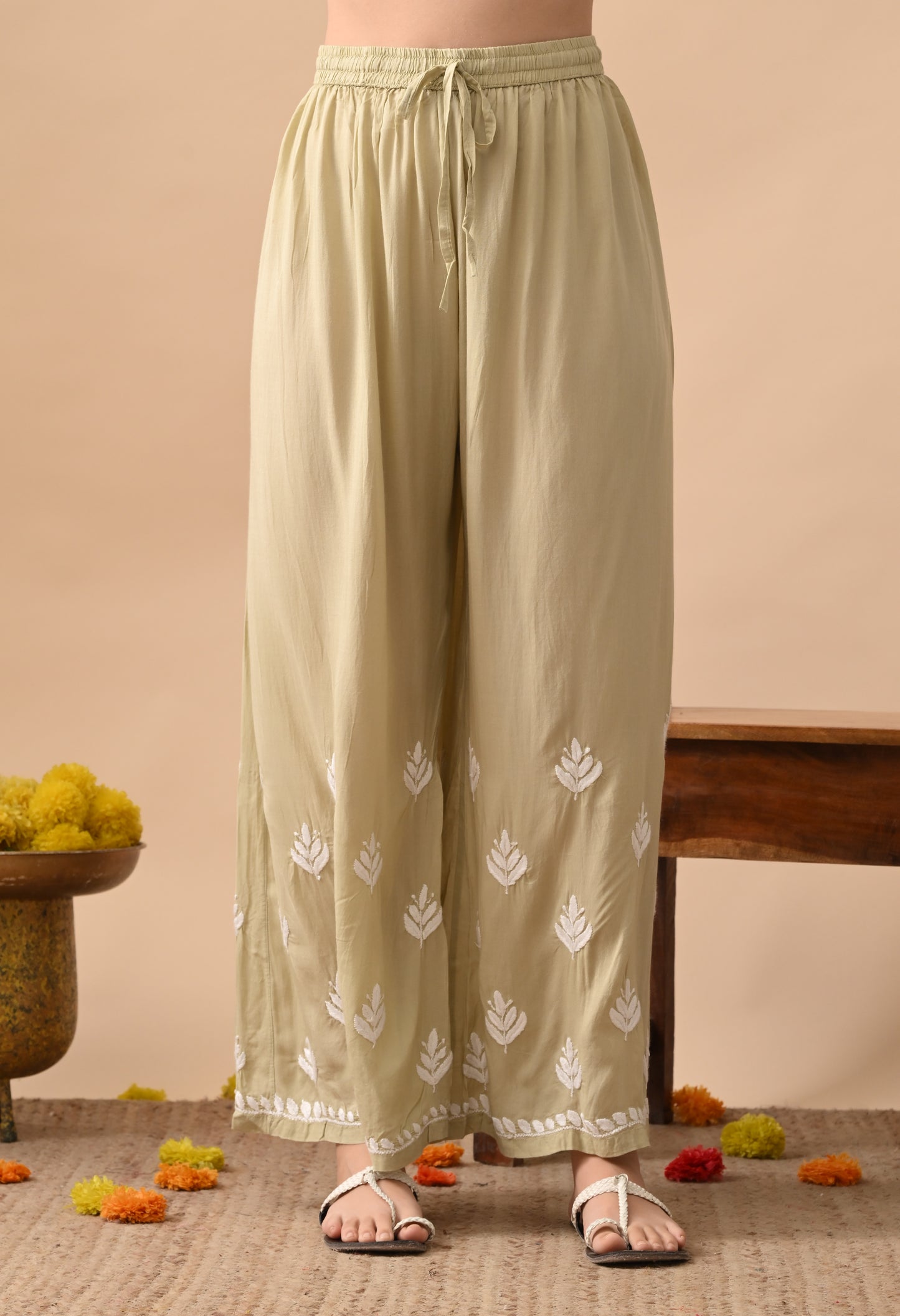 Brown Hand-Embroidered Chikankari Modal Kurta with Plazo Set