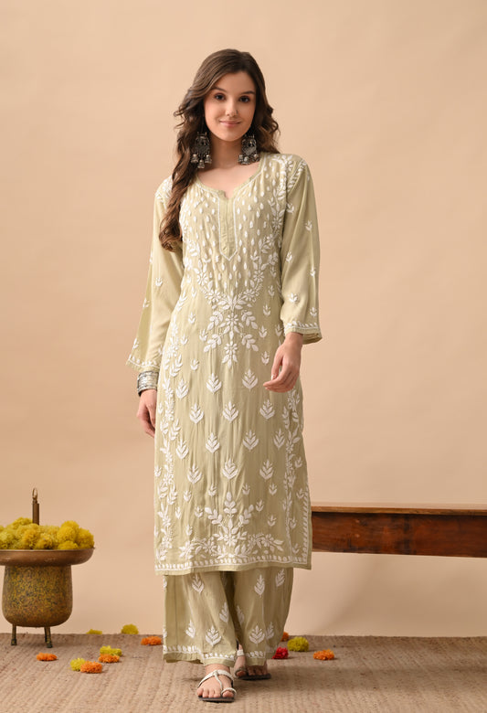 Brown Hand-Embroidered Chikankari Modal Kurta with Plazo Set
