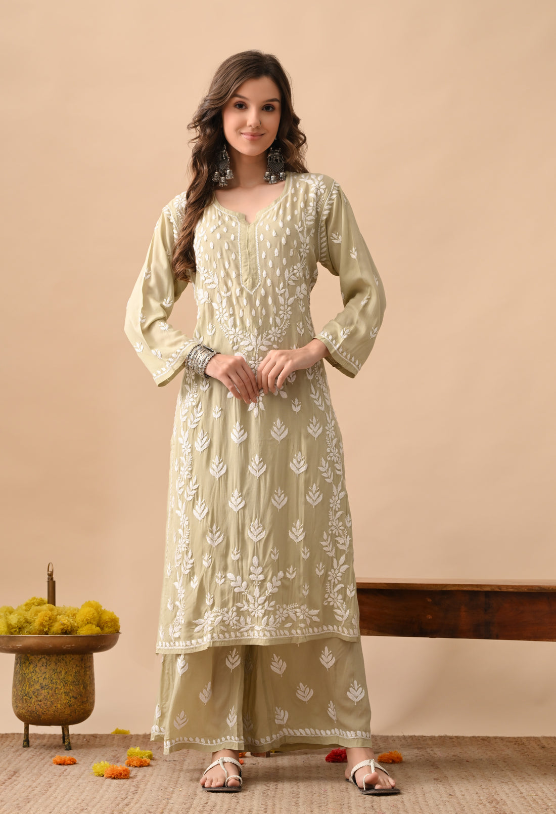 Brown Hand-Embroidered Chikankari Modal Kurta with Plazo Set