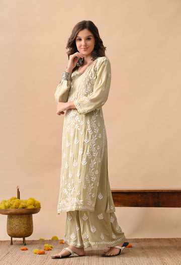 Modal Hand-Embroidered Chikankari Kurta Palazzo Set – Lime Green