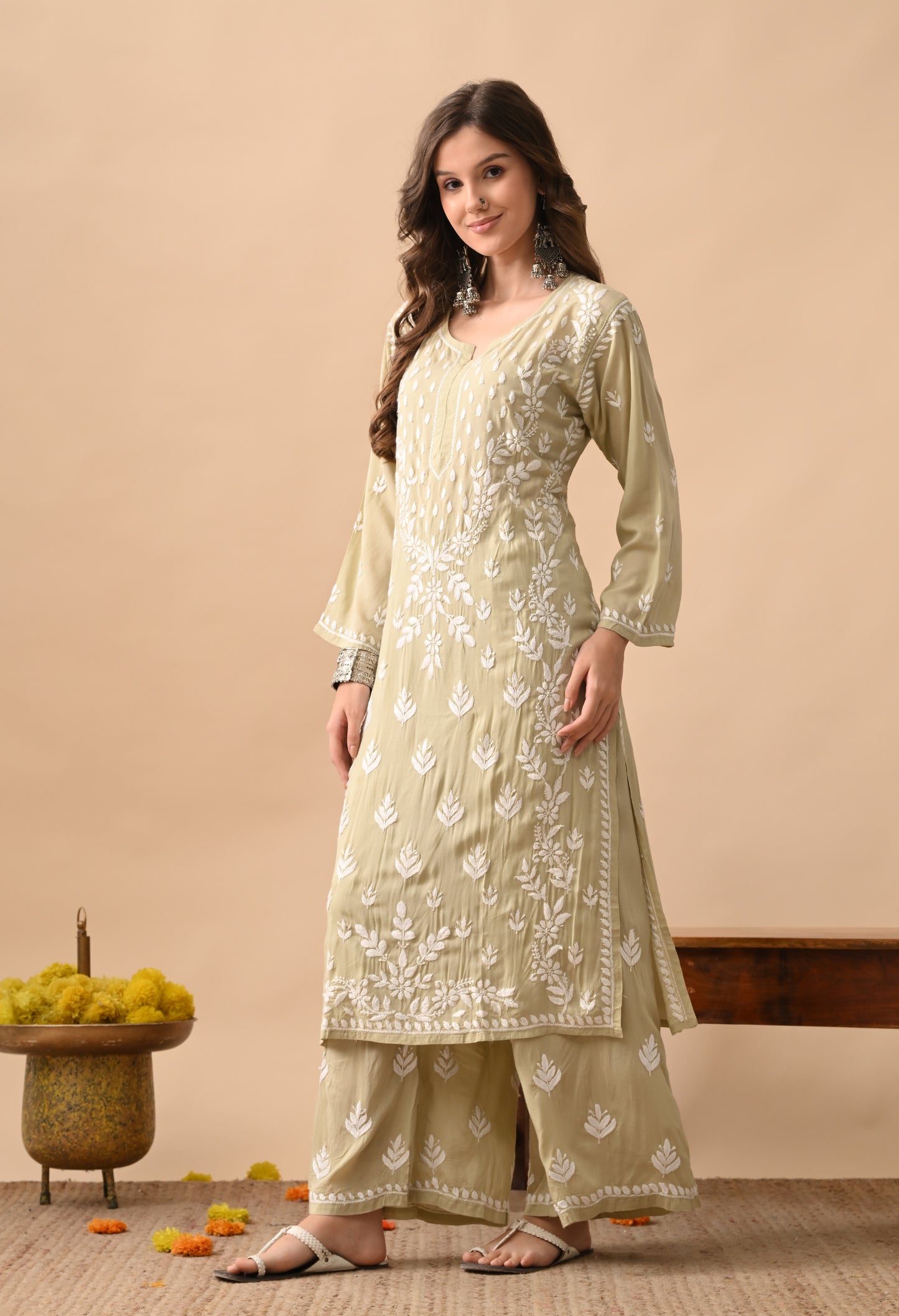 Brown Hand-Embroidered Chikankari Modal Kurta with Plazo Set
