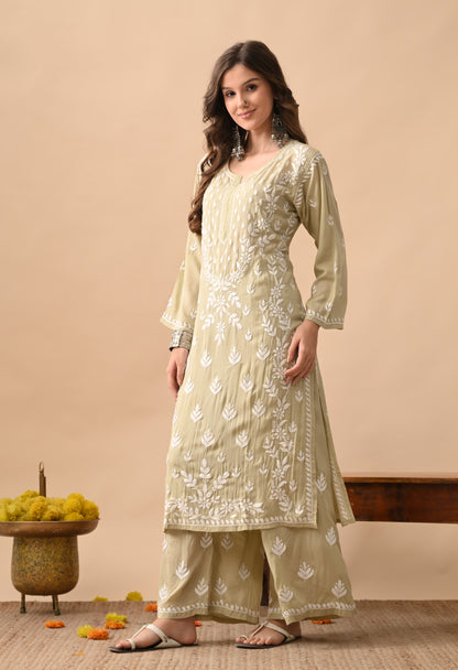 Brown Hand-Embroidered Chikankari Modal Kurta with Plazo Set