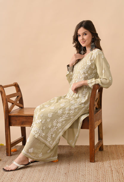 Brown Hand-Embroidered Chikankari Modal Kurta with Plazo Set
