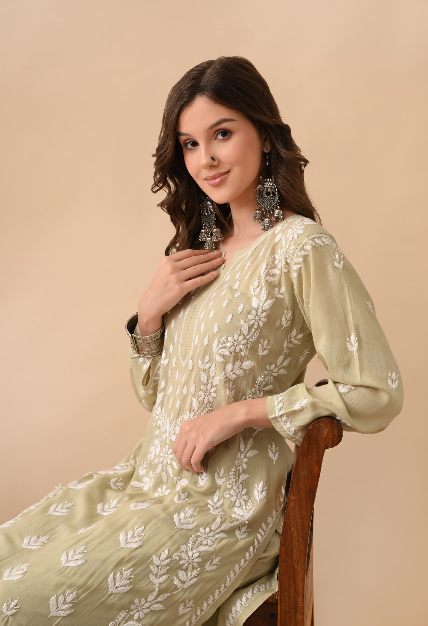 Brown Hand-Embroidered Chikankari Modal Kurta with Plazo Set