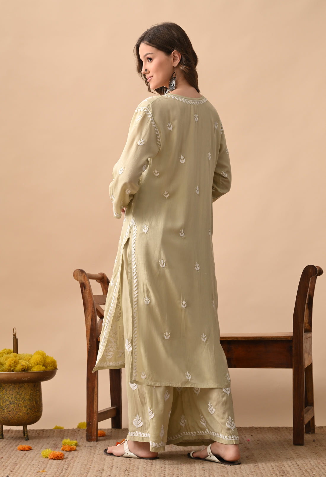 Modal Hand-Embroidered Chikankari Kurta Palazzo Set – Lime Green