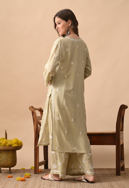 Brown Hand-Embroidered Chikankari Modal Kurta with Plazo Set