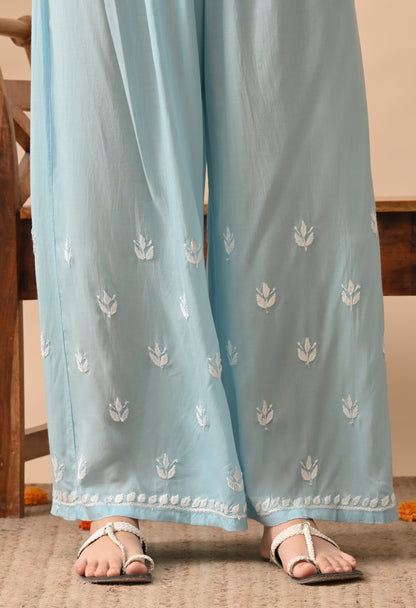 Sky Blue Hand Embroidered Modal Chikankari Kurta with Palazzo Set