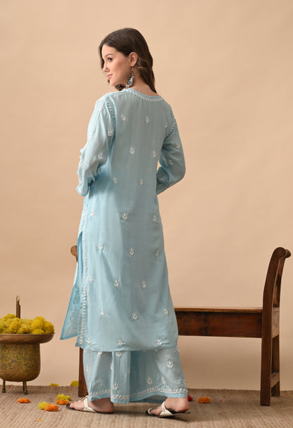 Sky Blue Hand Embroidered Modal Chikankari Kurta with Palazzo Set