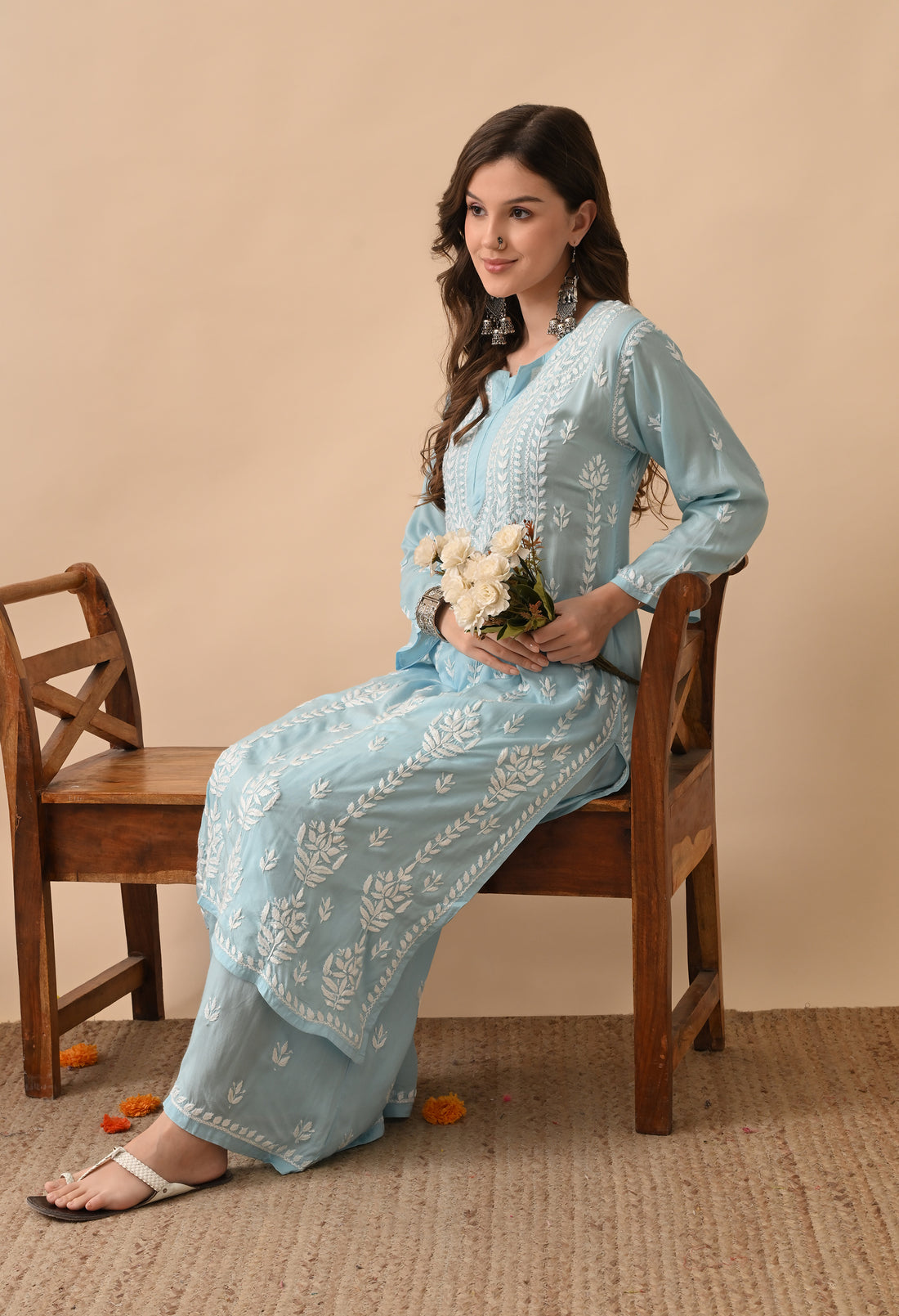 Sky Blue Hand Embroidered Modal Chikankari Kurta with Palazzo Set