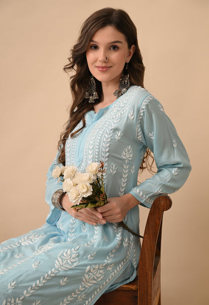 Sky Blue Hand Embroidered Modal Chikankari Kurta with Palazzo Set
