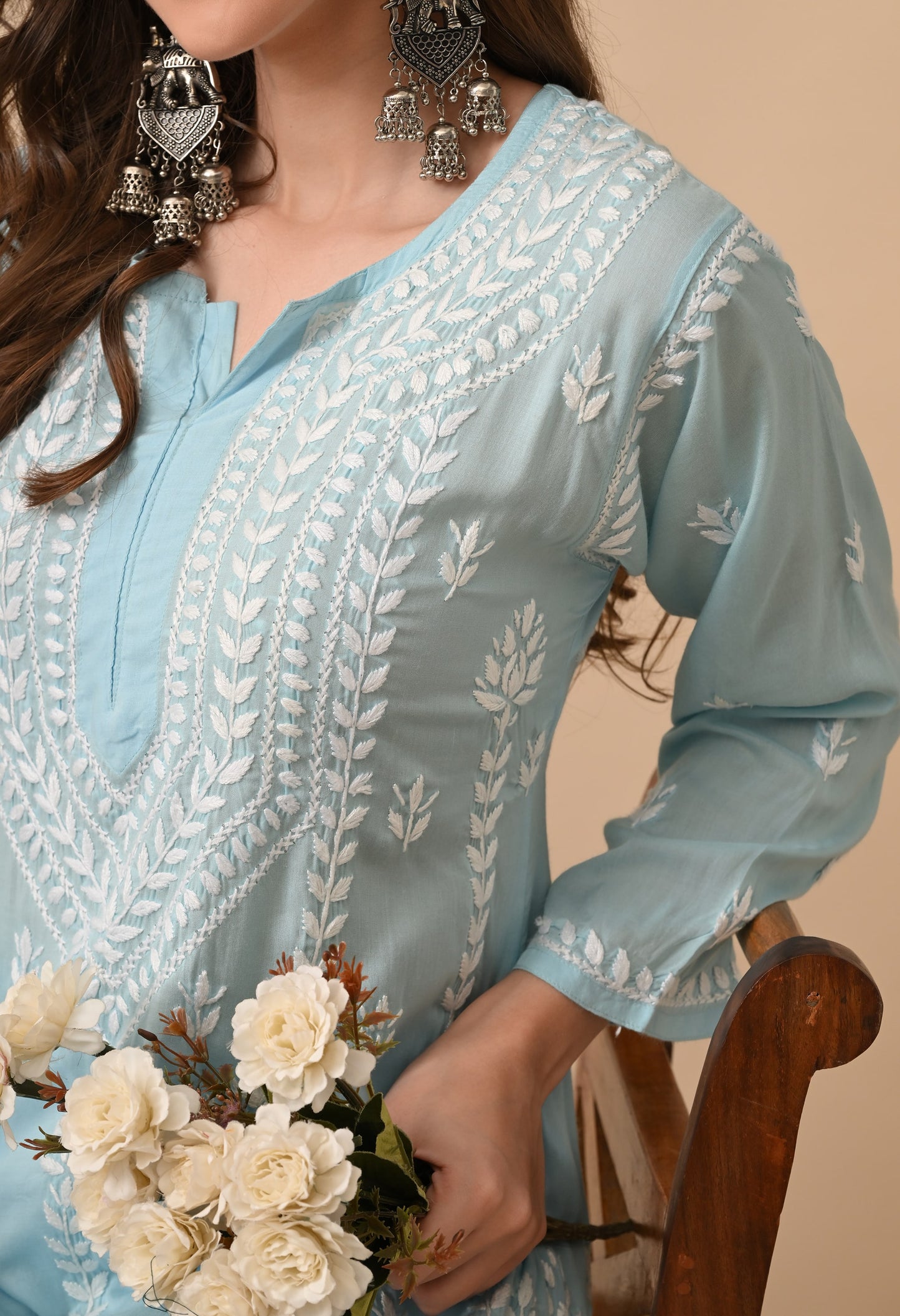 Sky Blue Hand Embroidered Modal Chikankari Kurta with Palazzo Set