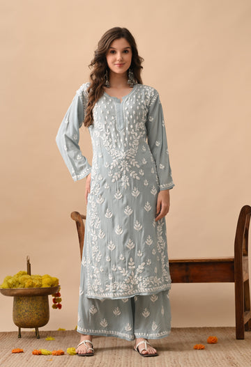 Soft Grey Modal Chikankari Embroidered Kurta with Matching Pants