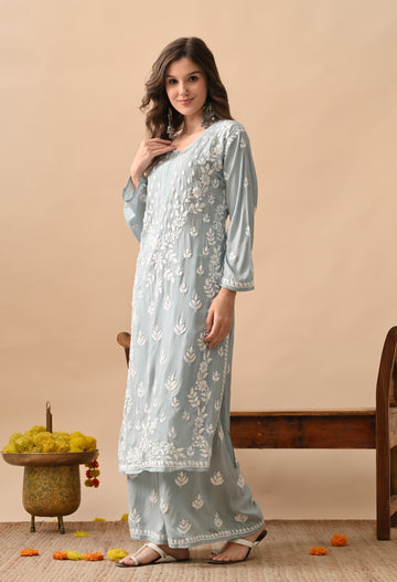 Modal Hand-Embroidered Chikankari Kurta Palazzo Set – Blue