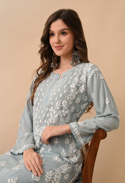 Soft Grey Modal Chikankari Embroidered Kurta with Matching Pants