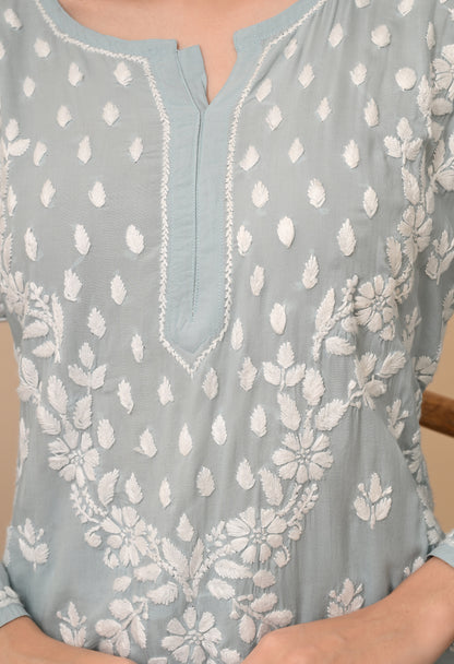 Soft Grey Modal Chikankari Embroidered Kurta with Matching Pants