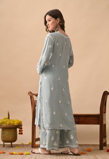 Soft Grey Modal Chikankari Embroidered Kurta with Matching Pants