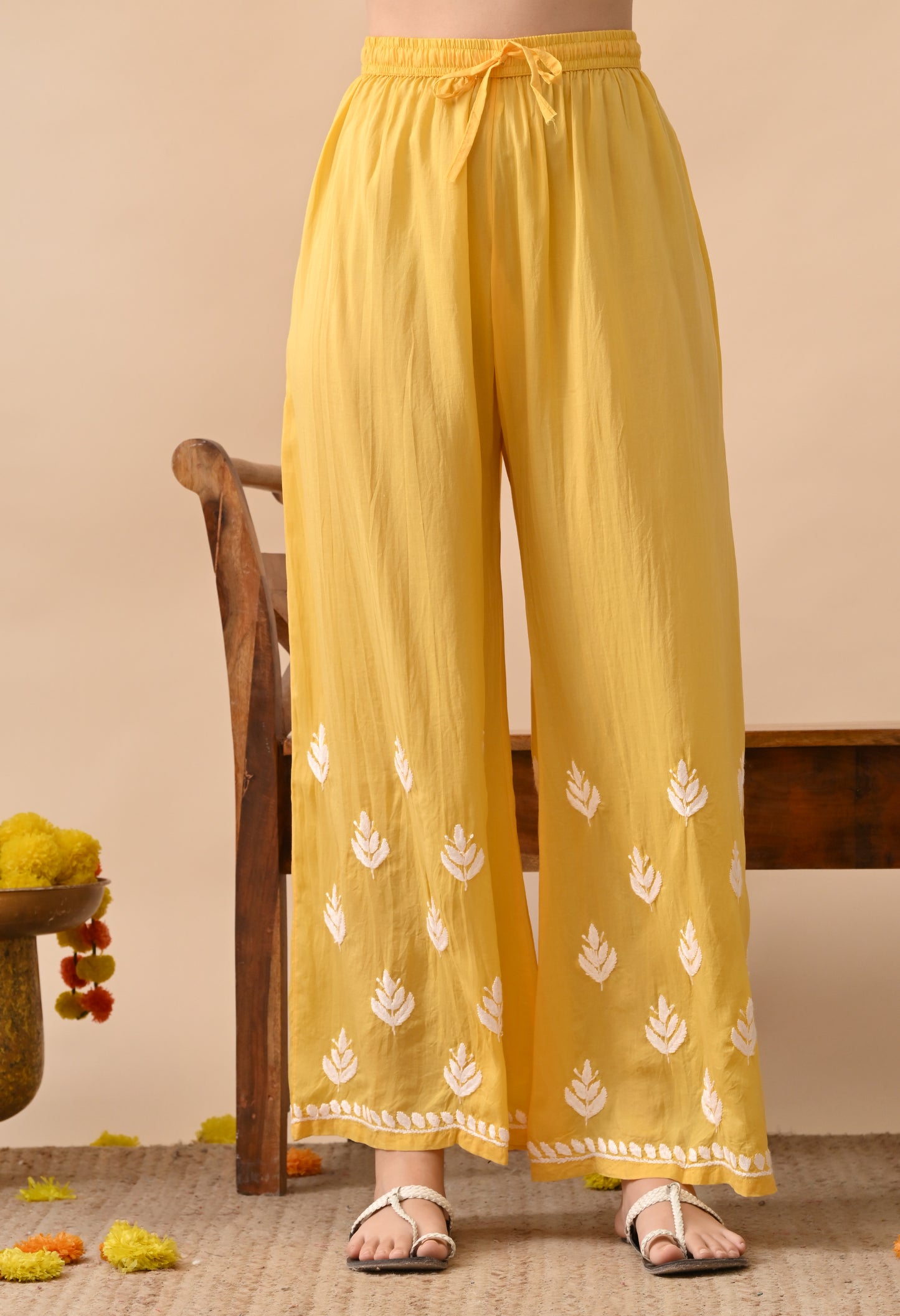 Dark Yellow Modal Hand-Embroidered Chikankari Kurta Pant Set