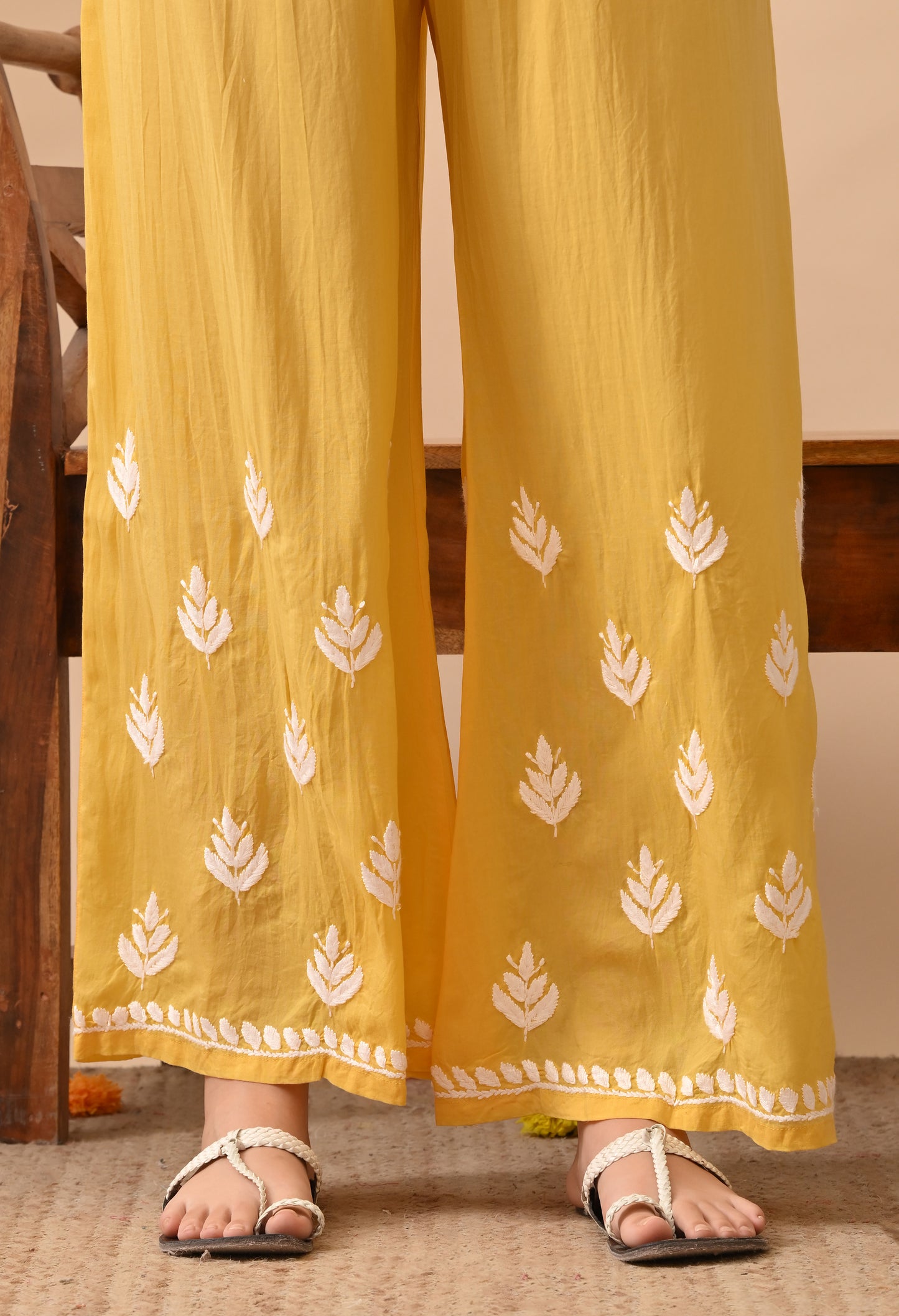 Dark Yellow Modal Hand-Embroidered Chikankari Kurta Pant Set