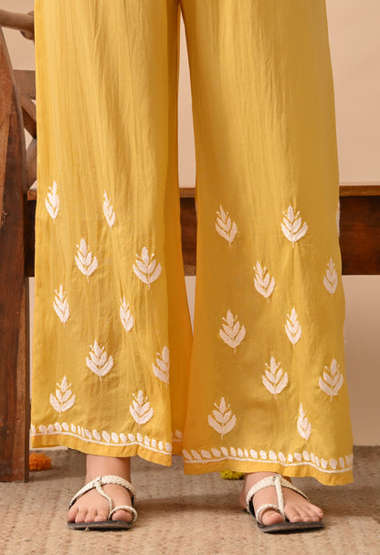 Dark Yellow Modal Hand-Embroidered Chikankari Kurta Pant Set