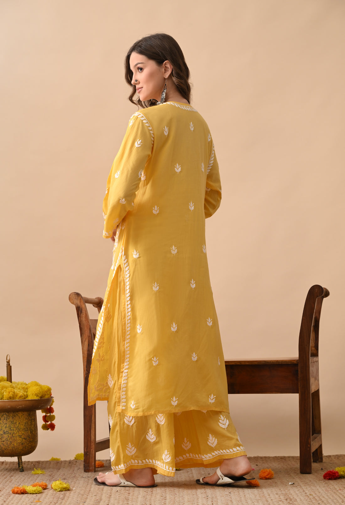 Modal Hand-Embroidered Chikankari Kurta Palazzo Set – Yellow