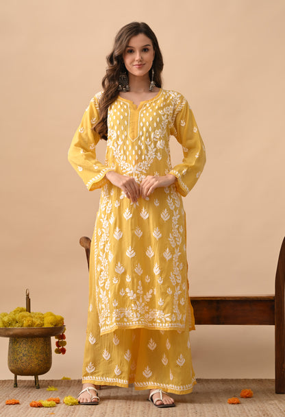 Dark Yellow Modal Hand-Embroidered Chikankari Kurta Pant Set