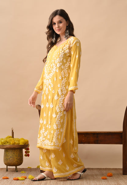Dark Yellow Modal Hand-Embroidered Chikankari Kurta Pant Set