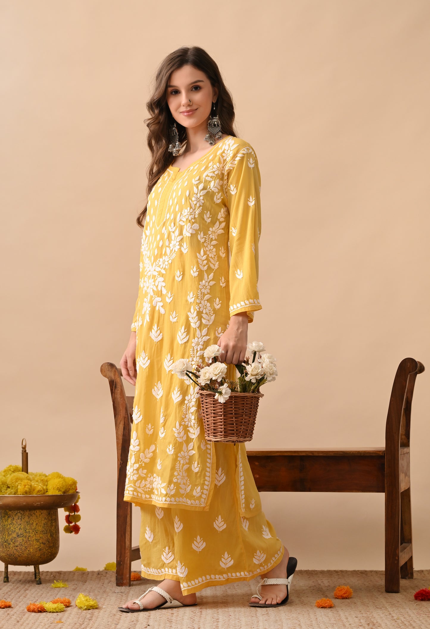 Dark Yellow Modal Hand-Embroidered Chikankari Kurta Pant Set