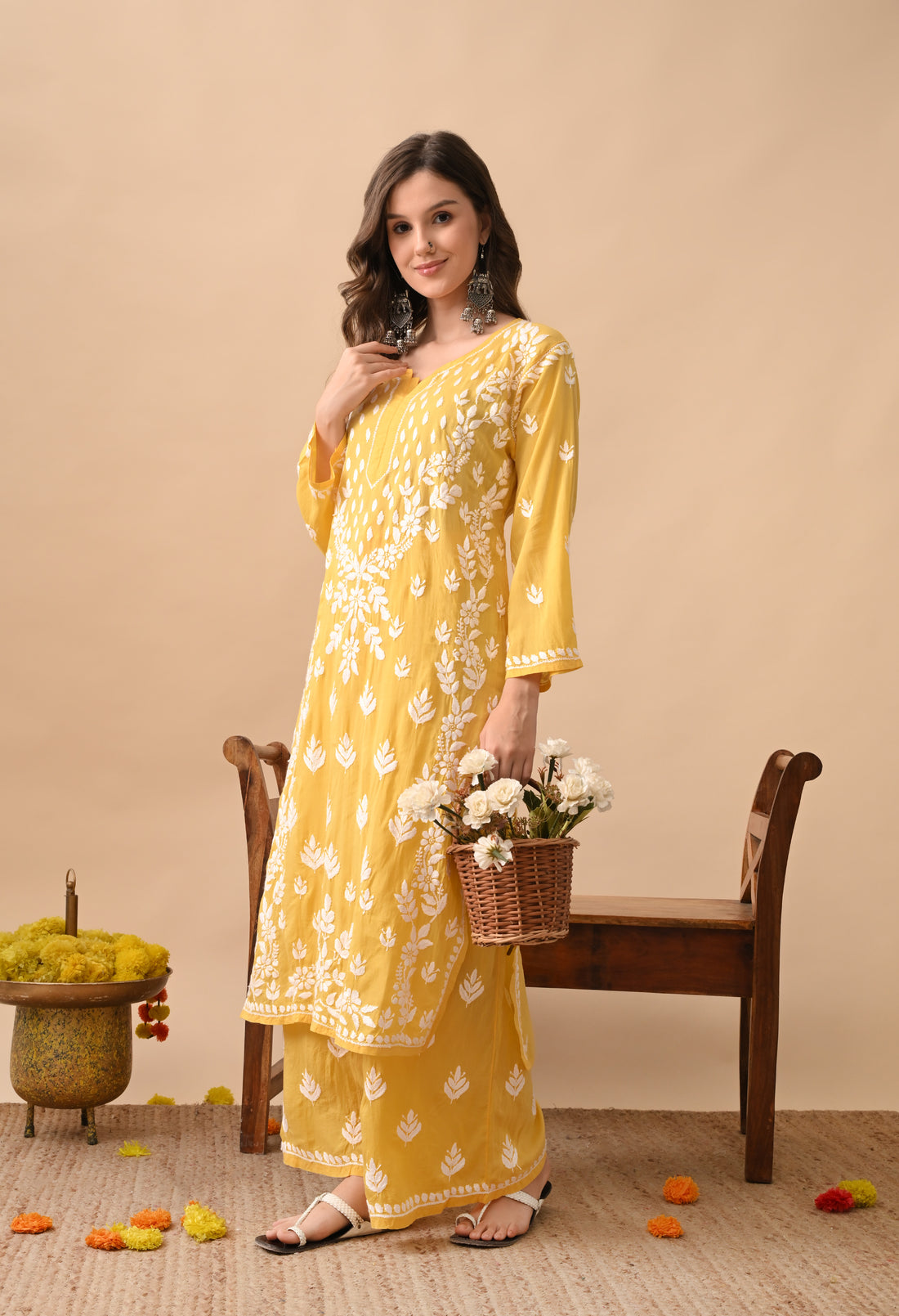 Dark Yellow Modal Hand-Embroidered Chikankari Kurta Pant Set
