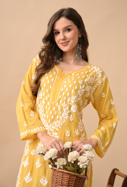 Dark Yellow Modal Hand-Embroidered Chikankari Kurta Pant Set