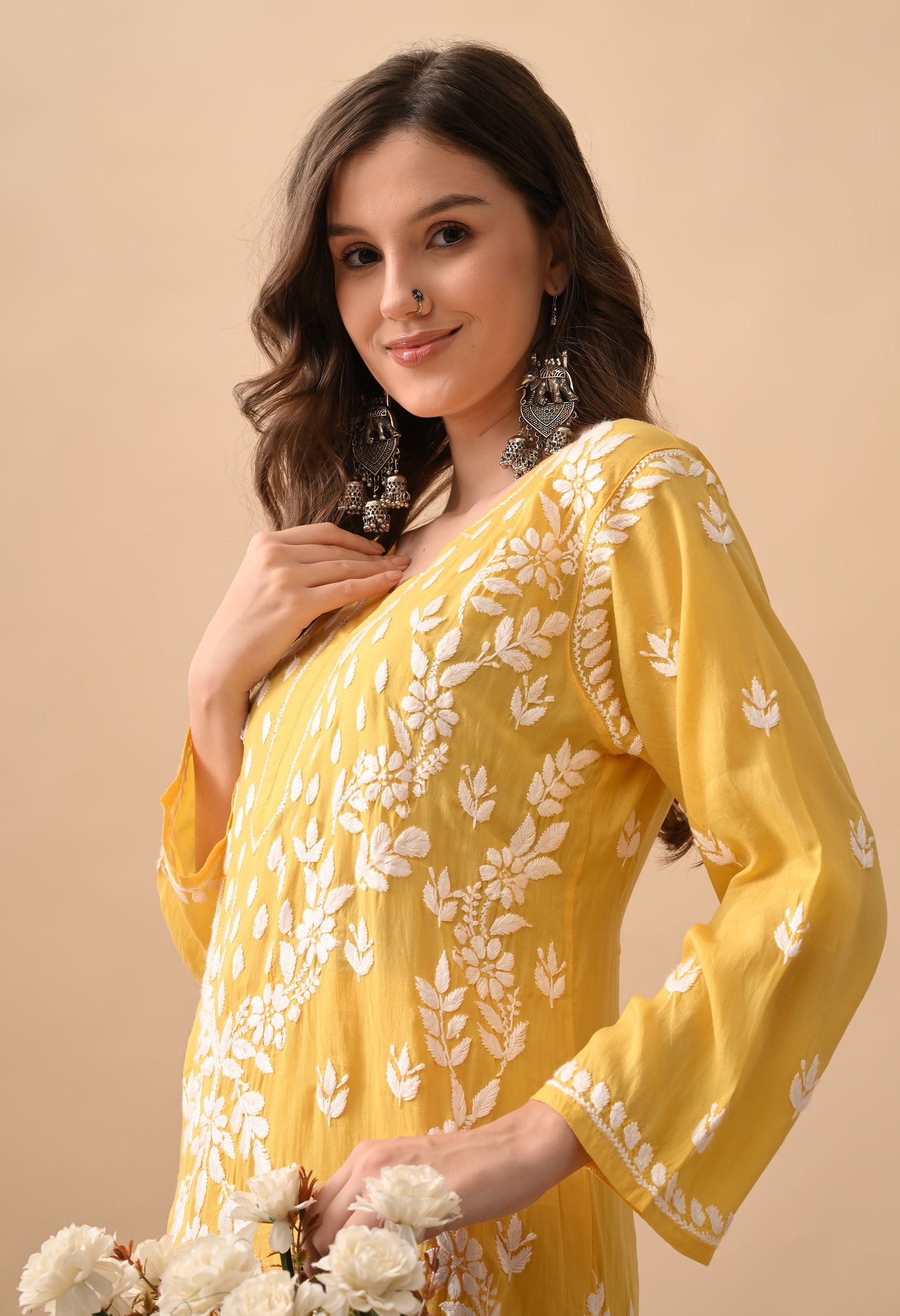 Dark Yellow Modal Hand-Embroidered Chikankari Kurta Pant Set