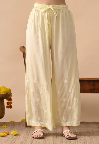 Soft Yellow Hand-Embroidered Modal Chikankari Kurta Set for Women