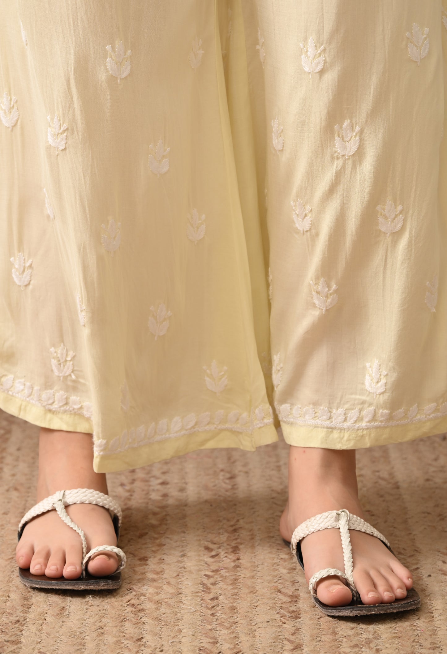 Soft Yellow Hand-Embroidered Modal Chikankari Kurta Set for Women