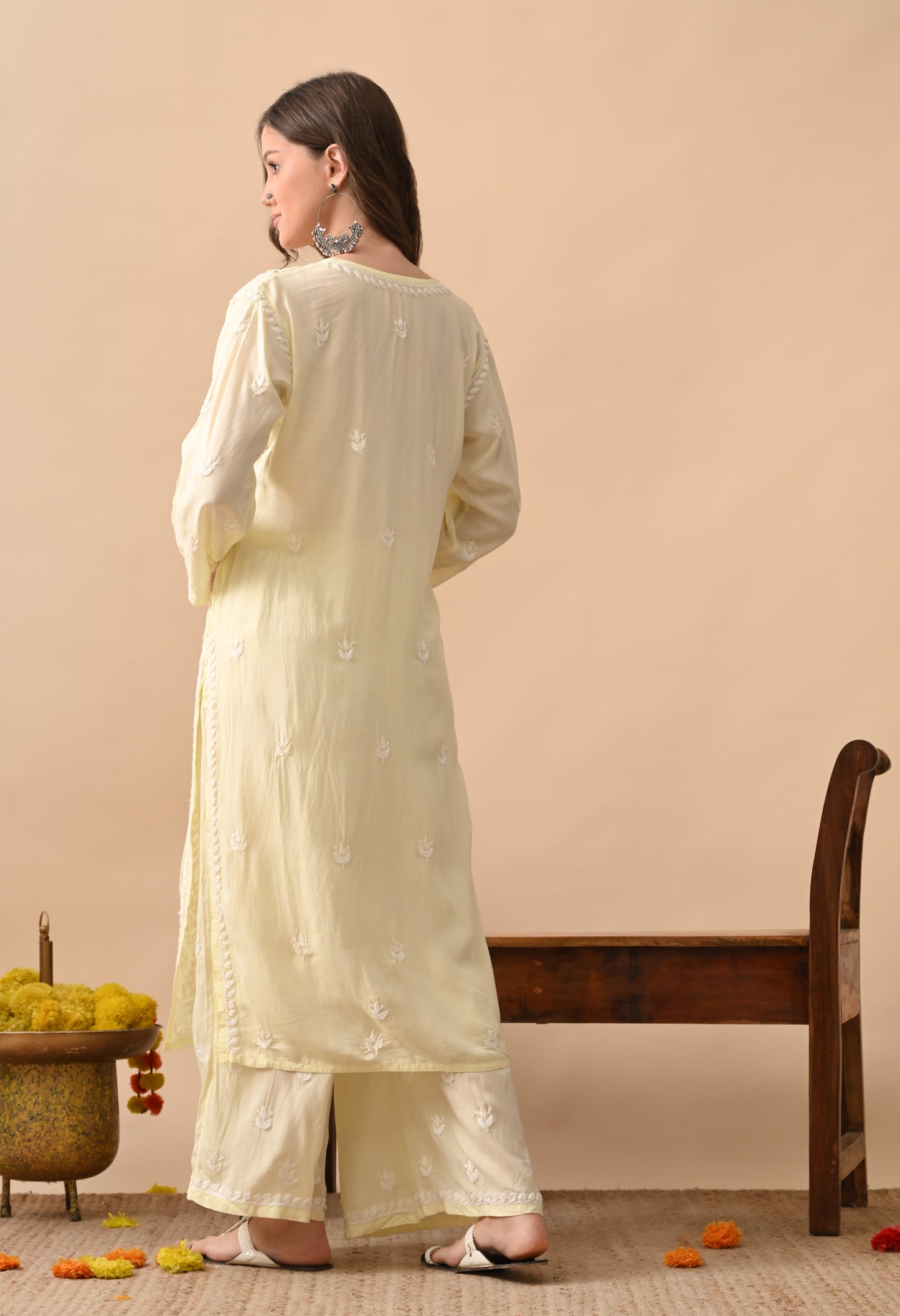 Soft Yellow Hand-Embroidered Modal Chikankari Kurta Set for Women