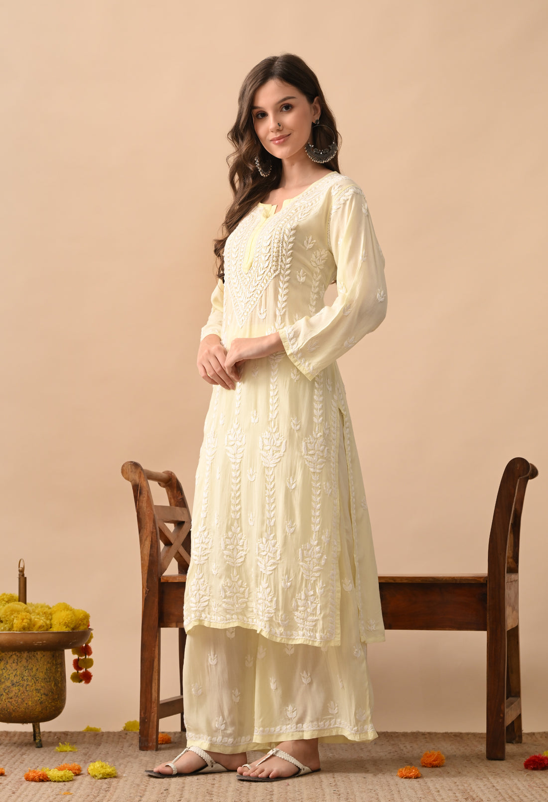 Soft Yellow Hand-Embroidered Modal Chikankari Kurta Set for Women